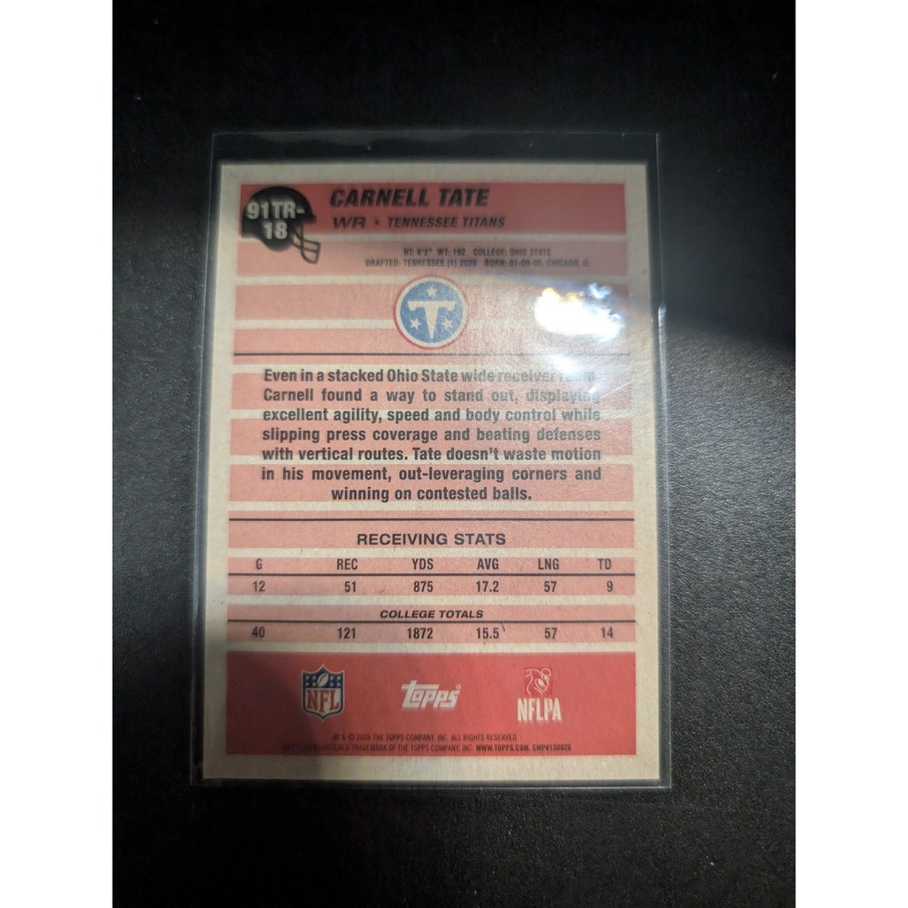 2024 Topps Carnell Tate Tennessee Titans RC 35th Anniversary 91TR-18 Rookie Card - Picture 2 of 2